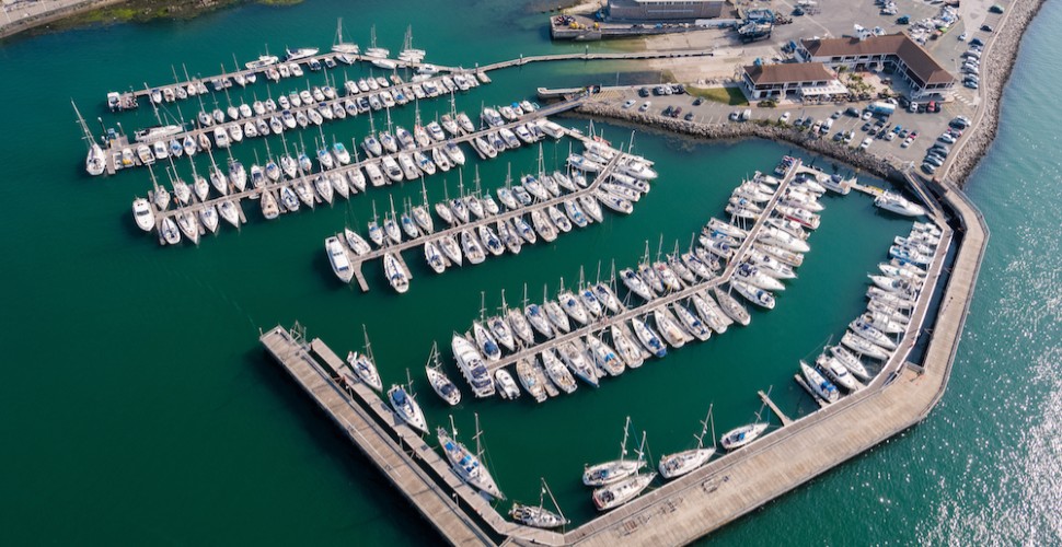 Aerial image of Queen Anne's Battery with boats in the water 